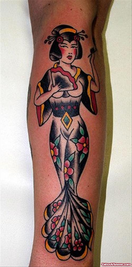 Color Ink Geisha Tattoo On Left Sleeve