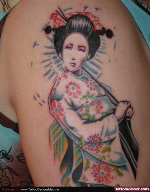Color Ink Geisha And Flowers Tattoo