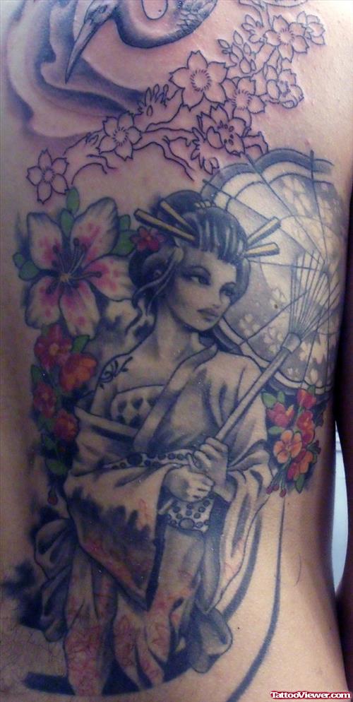 Classic Geisha With Flowers Tattoos