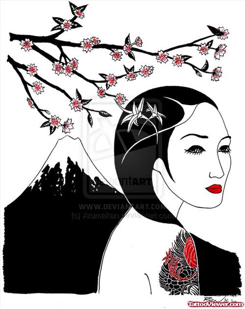 Cherry Blossom Flowers Geisha Tattoo Design