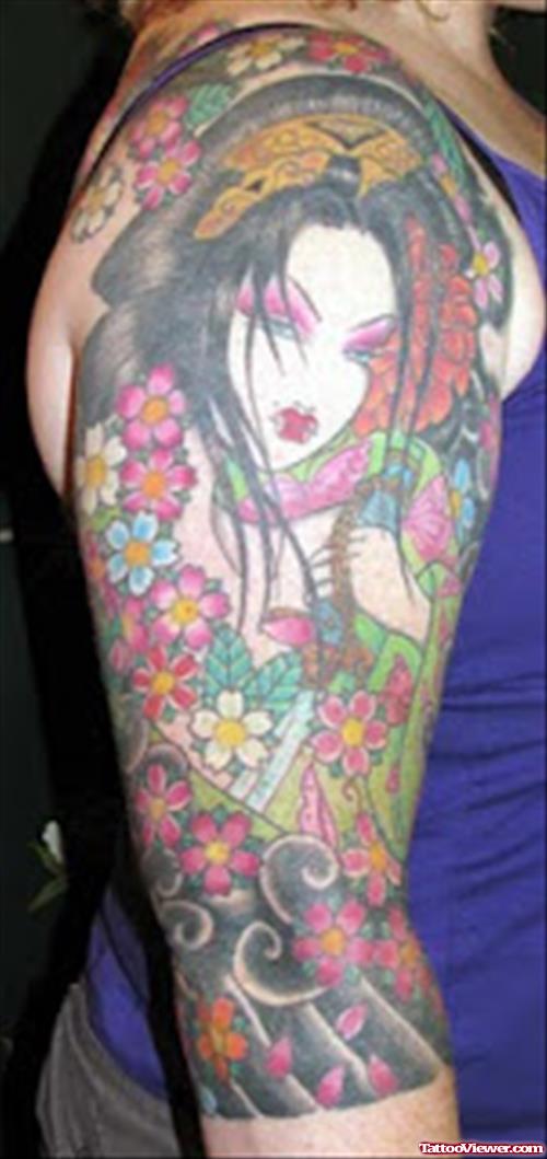 Awesome Colored Flowers And Geisha Tattoo On Right Half Sleeve