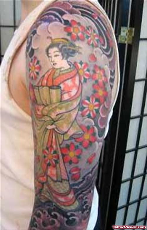 Awesome Color Ink Geisha Tattoo On Man Left Sleeve