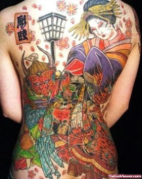 Awesome Color Ink Geisha Tattoo On Back Body