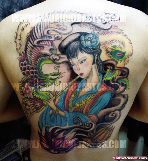 Awesoem Color Ink Geisha Tattoo On Back Body