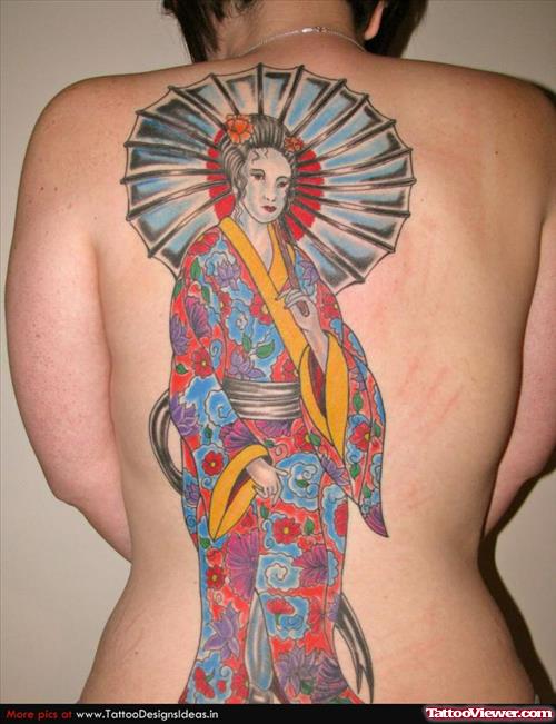 Attractive Colored Geisha Tattoo On Back