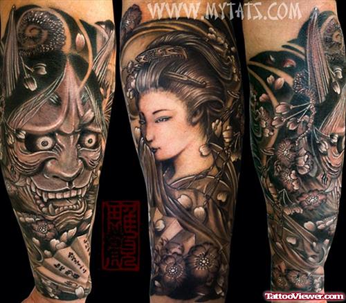 Amazing Geisha Tattoo On Sleeve