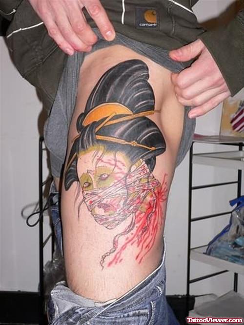 Geisha Dragon Tattoo On Thigh