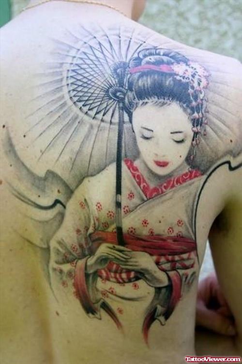 Realistic Geisha Tattoo On Back