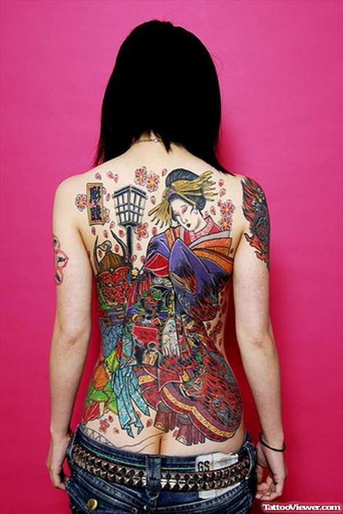 Wonderful Geisha Tattoo On Back