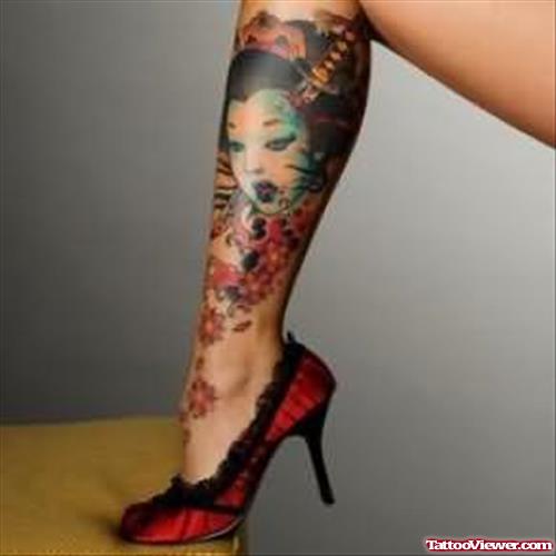 Tattoo Geisha On Leg