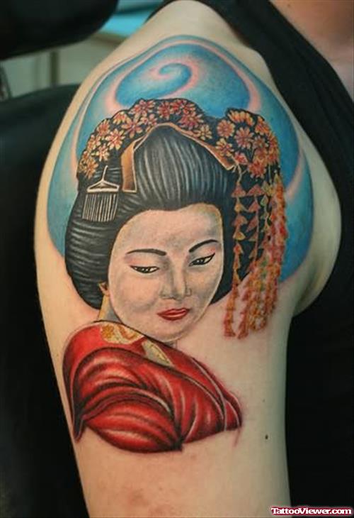 Geisha Colourful Tattoo On Shoulder