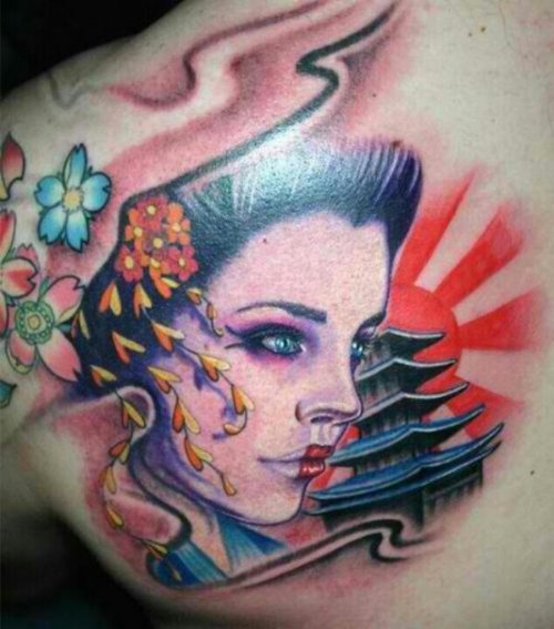Inspiring Left Back Shoulder Geisha Tattoo