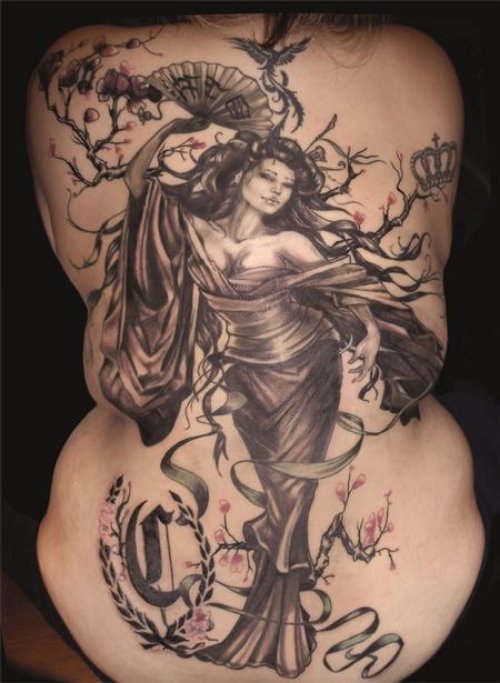 Grey Ink Geisha Girl Tattoo On Back