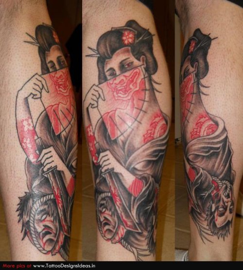 Color Ink Geisha With Fan Tattoo