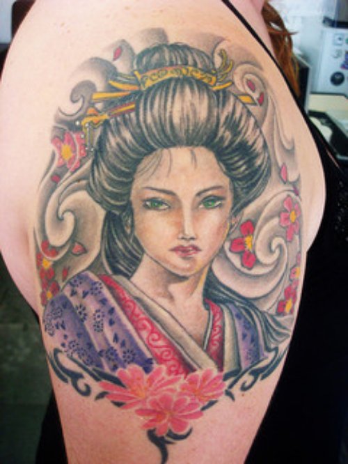 Right Half Sleeve Color Ink Geisha Tattoo