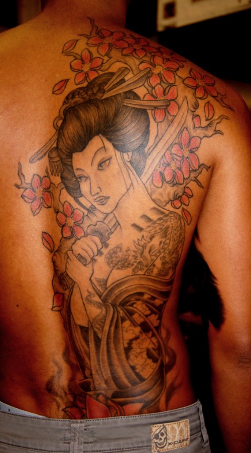 Dreadful Grey Ink Geisha Tattoo On Back Body