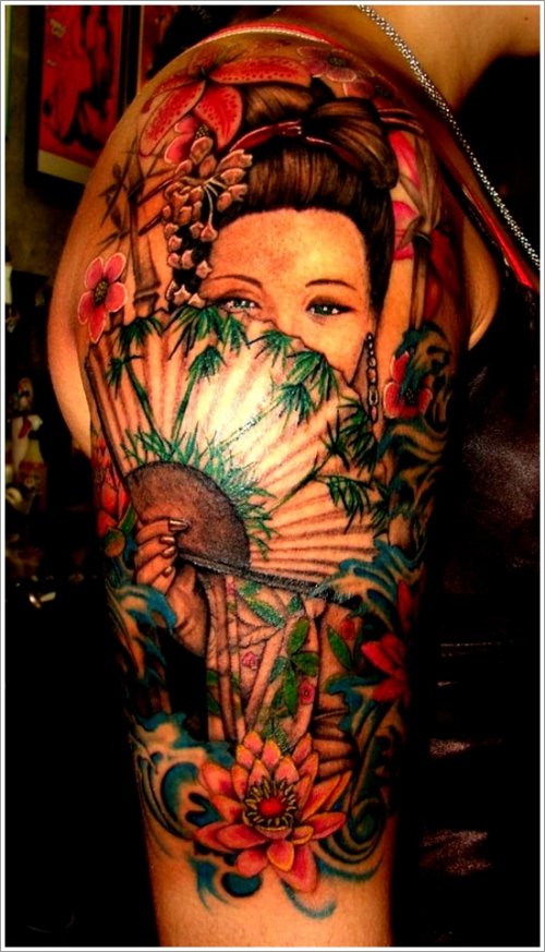 Colored Ink Geisha Tattoo On Girl Right Half Sleeve