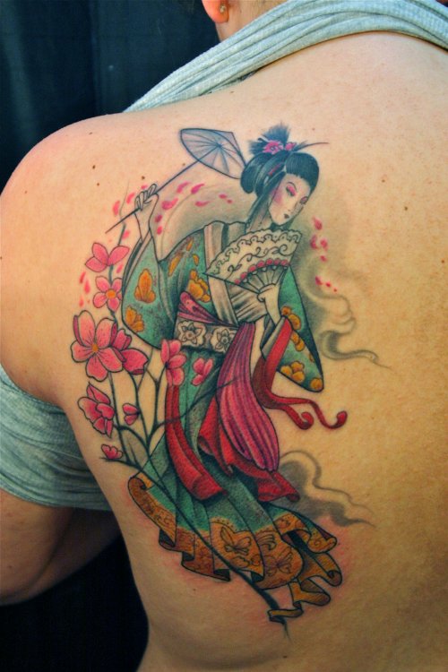 Color Ink Geisha Tattoo On Back Shoulder