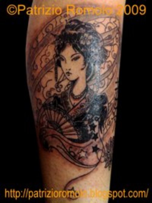 New Grey Ink Geisha Tattoo On Arm