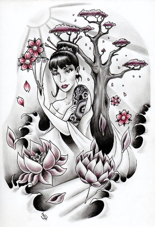 Geisha and Lotus Flower Tattoo Design