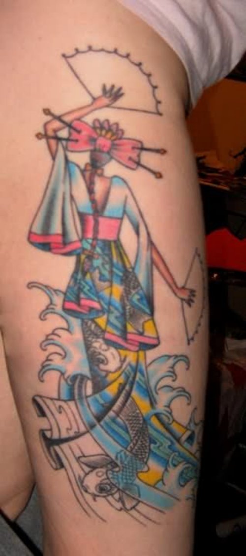 Awesome Color Ink Geisha Tattoo On Right Leg