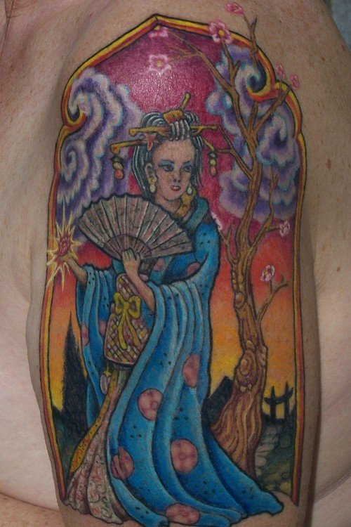 Colored Ink Geisha Tattoo On Left Half Sleeve