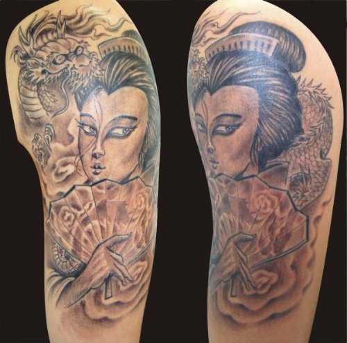 Grey Flowers And Geisha Tattoo On Left Sleeve