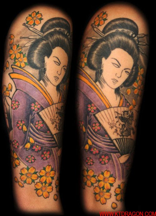 Crazy Colored Geisha Tattoo On Sleeve