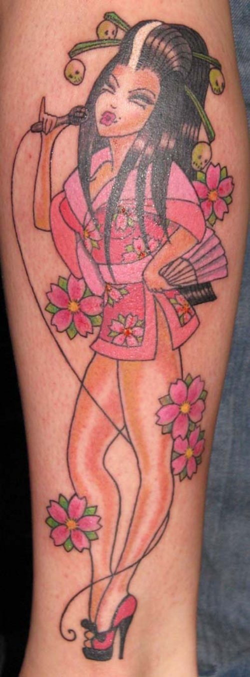 Color Ink Geisha Girl Tattoo On Arm