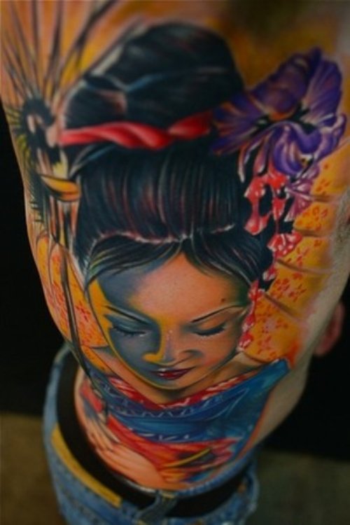 Fantastic Color Ink Geisha Tattoo On Rib Side