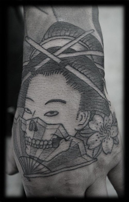 Grey Flower And Geisha Girl Head Tattoo On Left Hand