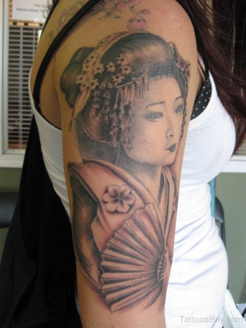 Right Half Sleeve Geisha Tattoo For Girls