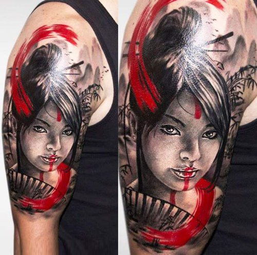 Right Half Sleeve Colored Geisha Tattoo Idea