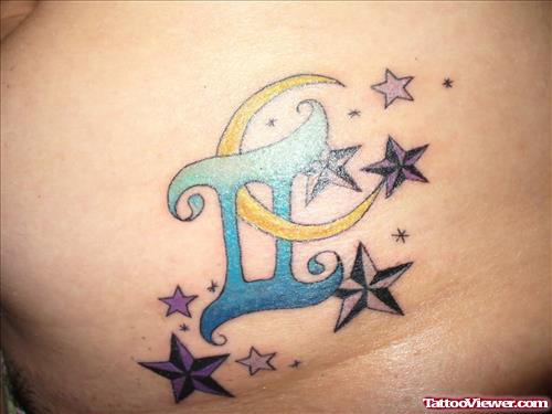 Grey Ink Nautical Stars And Blue Gemini Tattoo On Side
