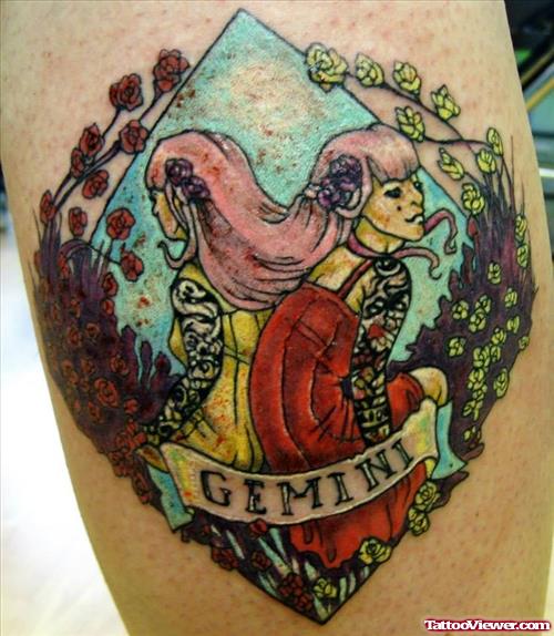 Color Ink Gemini Tattoo Design On Bicep
