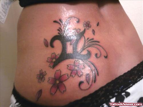 Cherry Blossom Flowers and Gemini Tattoo On Side Rib