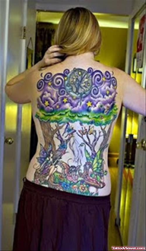 Awesome Colored Gemini Tattoo On Back