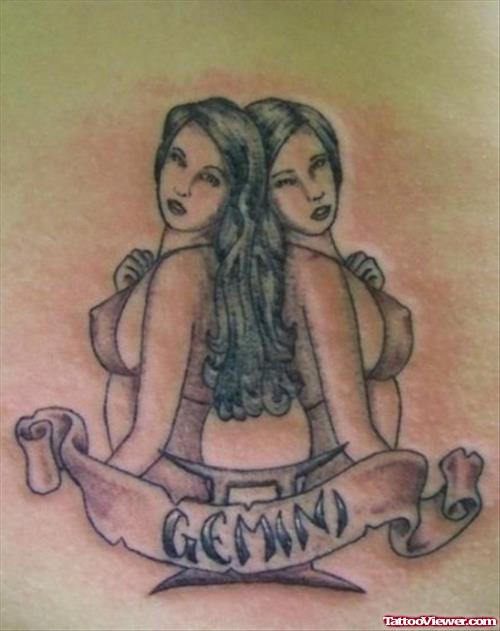 Grey Ink Girls And Gemini Banner Tattoo