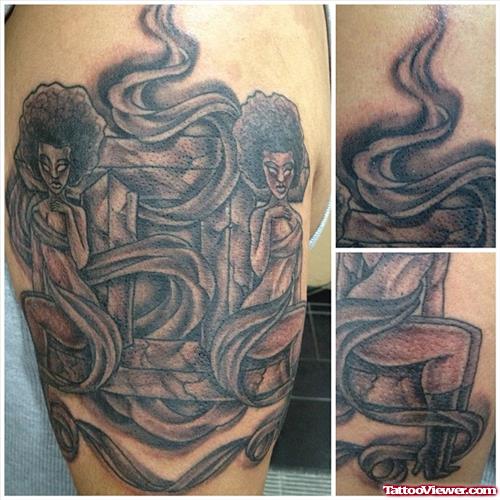 Awesome Grey Ink Gemini Tattoo On Left Half sleeve