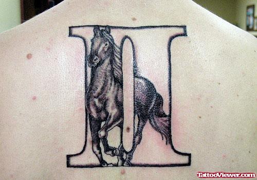 Grey Ink Horse and Gemini Tattoo On Upperback