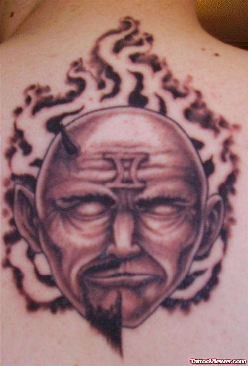 Grey Ink Gemini Tattoo On Back Body