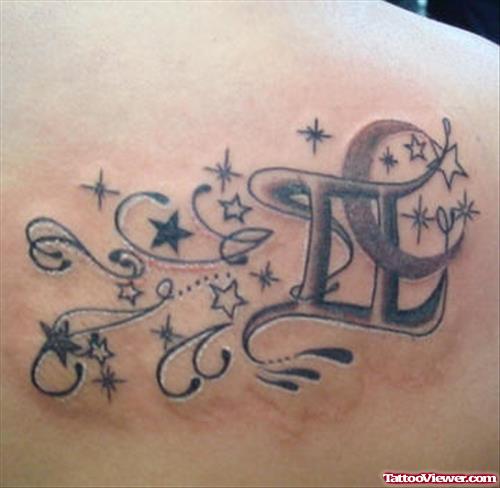 Grey Ink Moon And Gemini Tattoo On Right Back Shoulder