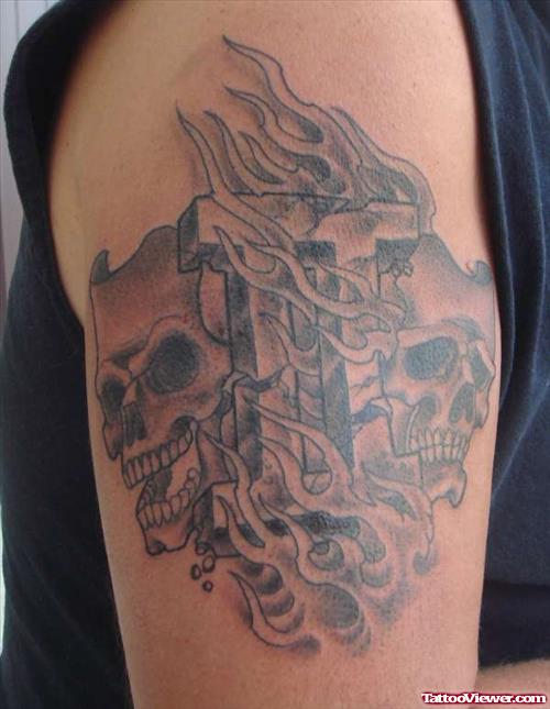Grey Ink Gemini Tattoo On Right Half Sleeve