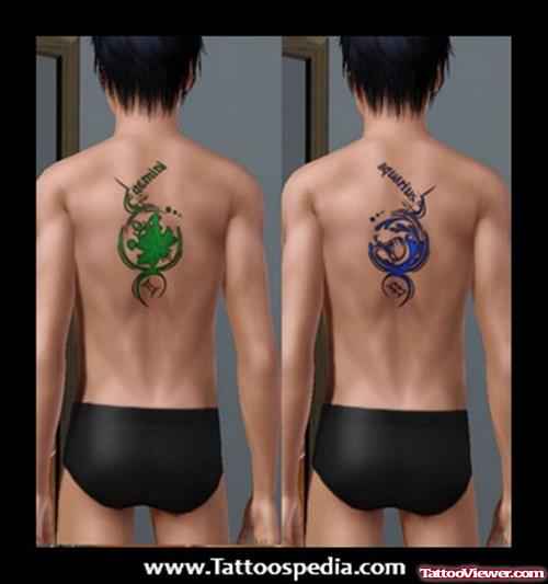 Aquarius And Gemini Tattoo On Back Body