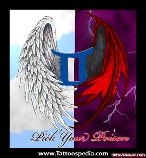 Angel And Devil Winged Gemini Sign Tattoo