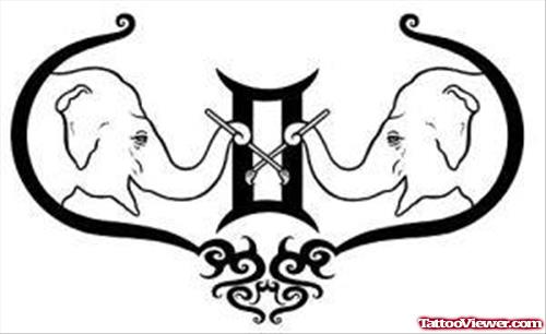 Elephants Heads And Gemini Tattoo Design