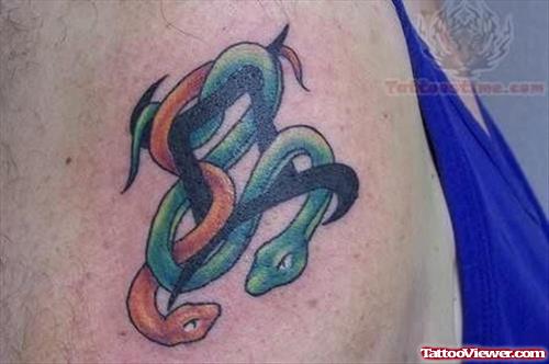 Color Snakes And Gemini Tattoo On Shoulder