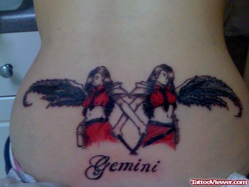 Color Ink Gemini Tattoo On Lowerback