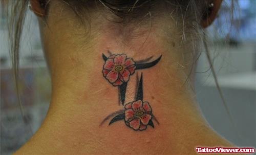 Flowers And Gemini Tattoo On Nape