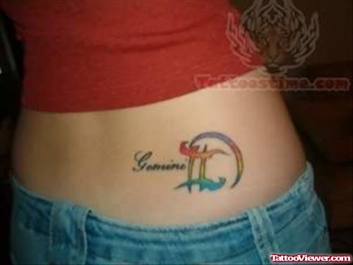 Gemini Color Symbol Tattoo On Lower Back